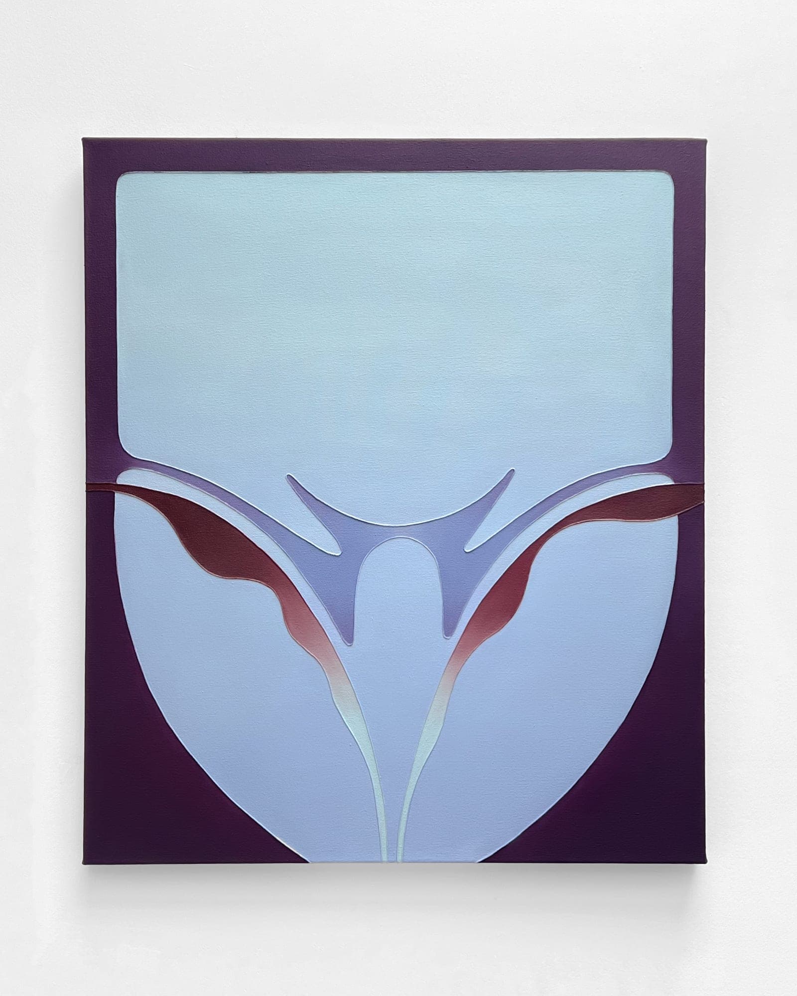 Horizontal purple-framed painting with a pale blue inset field and lavender and maroon geometric forms