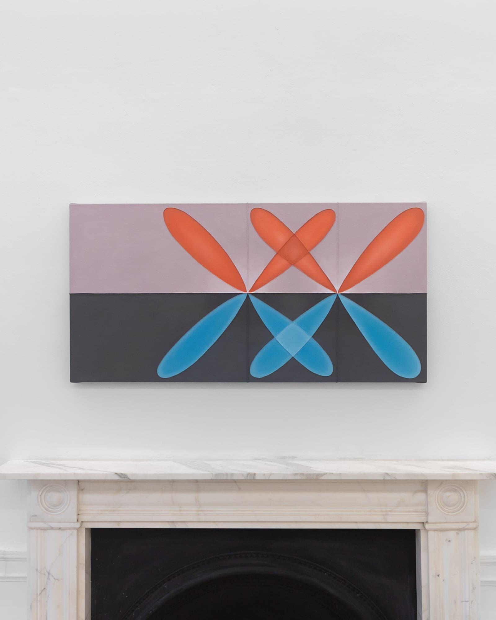 Lavender and charcoal triptych with three crossing orange and blue petal-shaped motifs