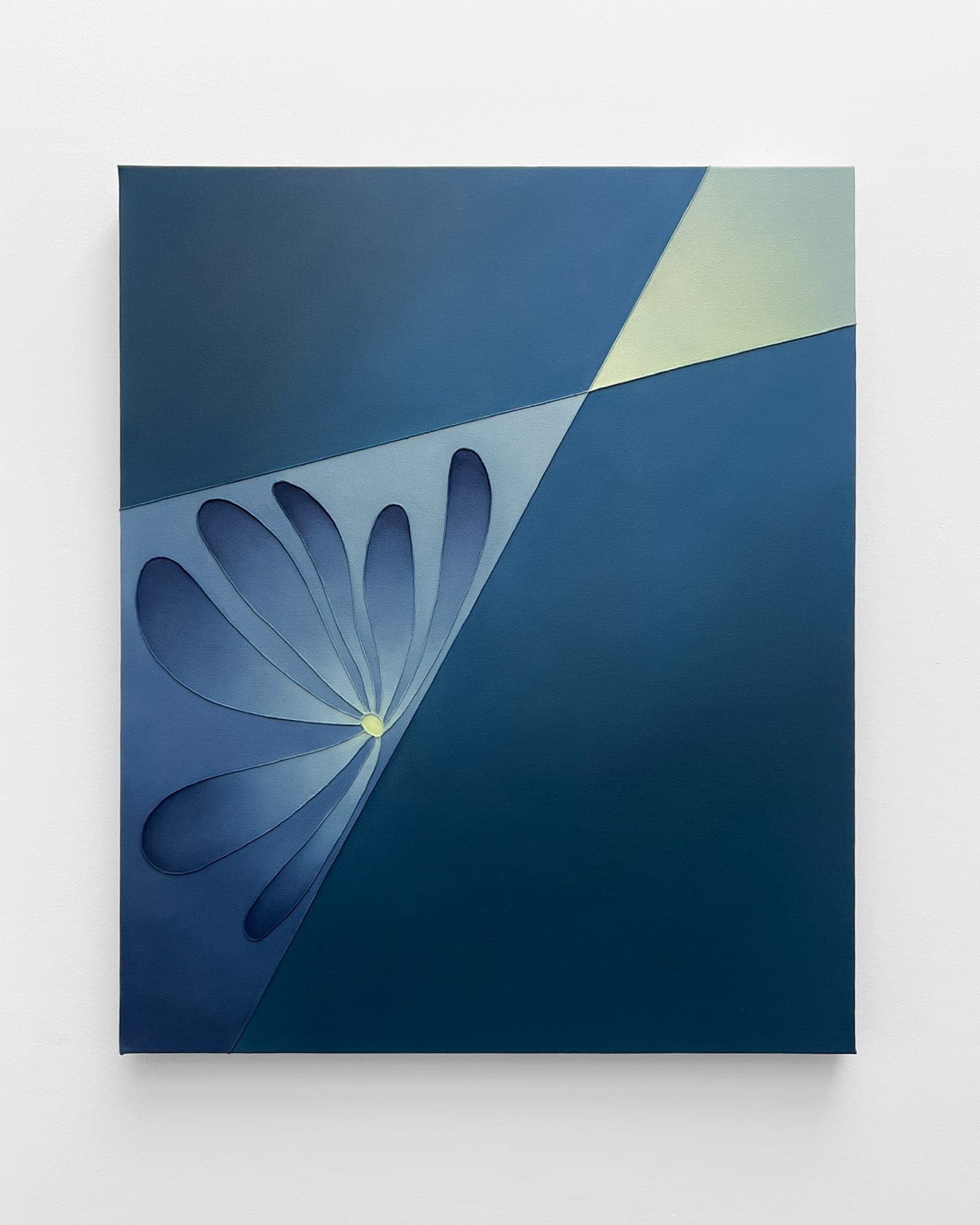 Diagonally divided painting in navy, powder blue, and pale sage with a fan of pointed petal cutouts
