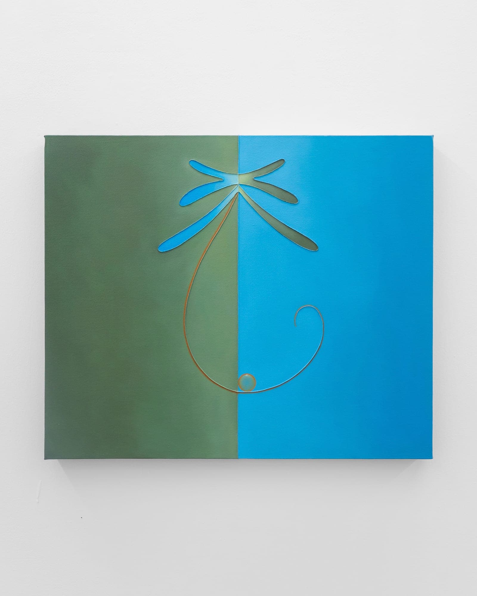Painting split into olive green and sky blue fields with a dragonfly-like cutout and a curling copper wire loop