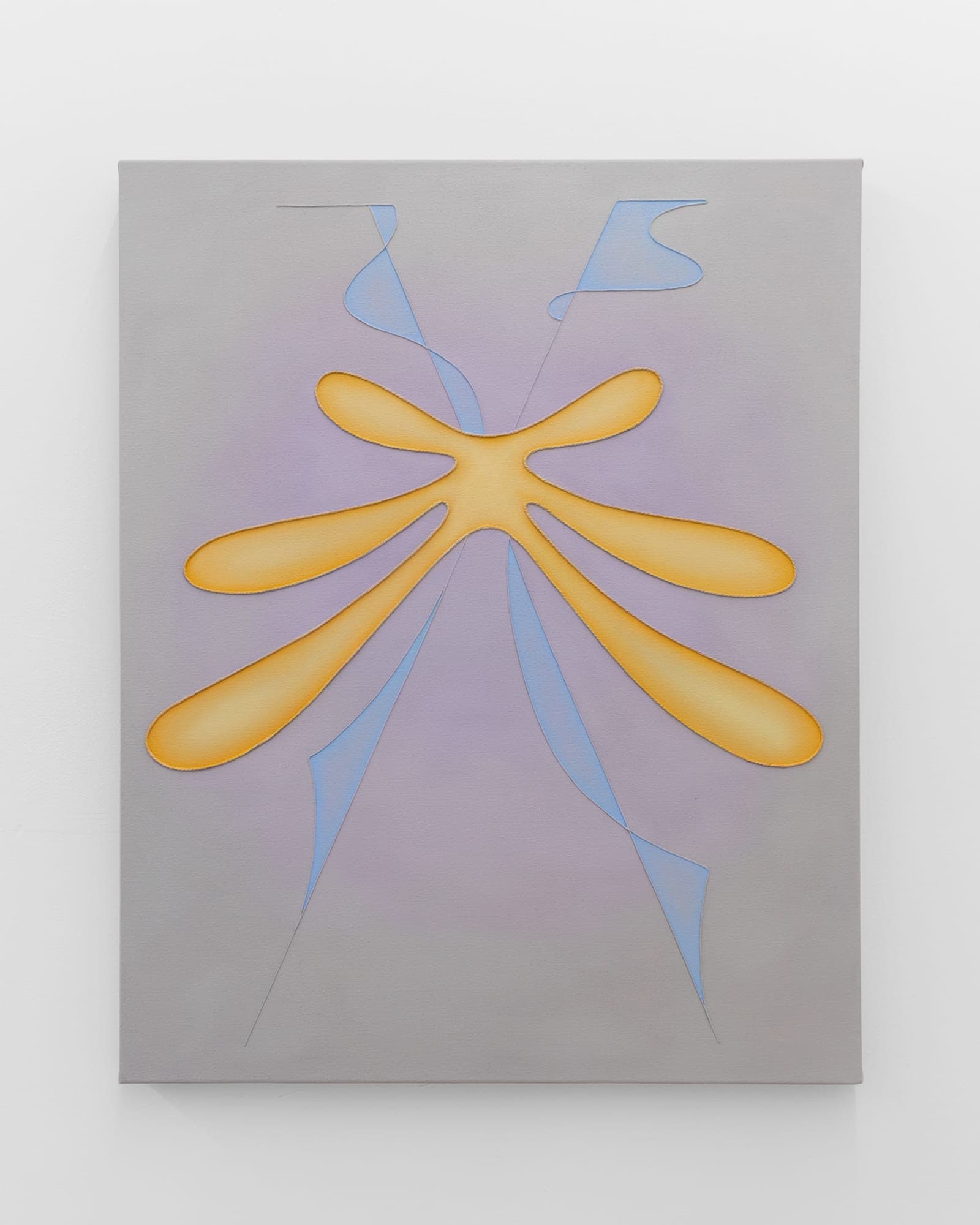 Grey and lavender painting with a golden-yellow dragonfly-like burst and pale blue ribbon forms