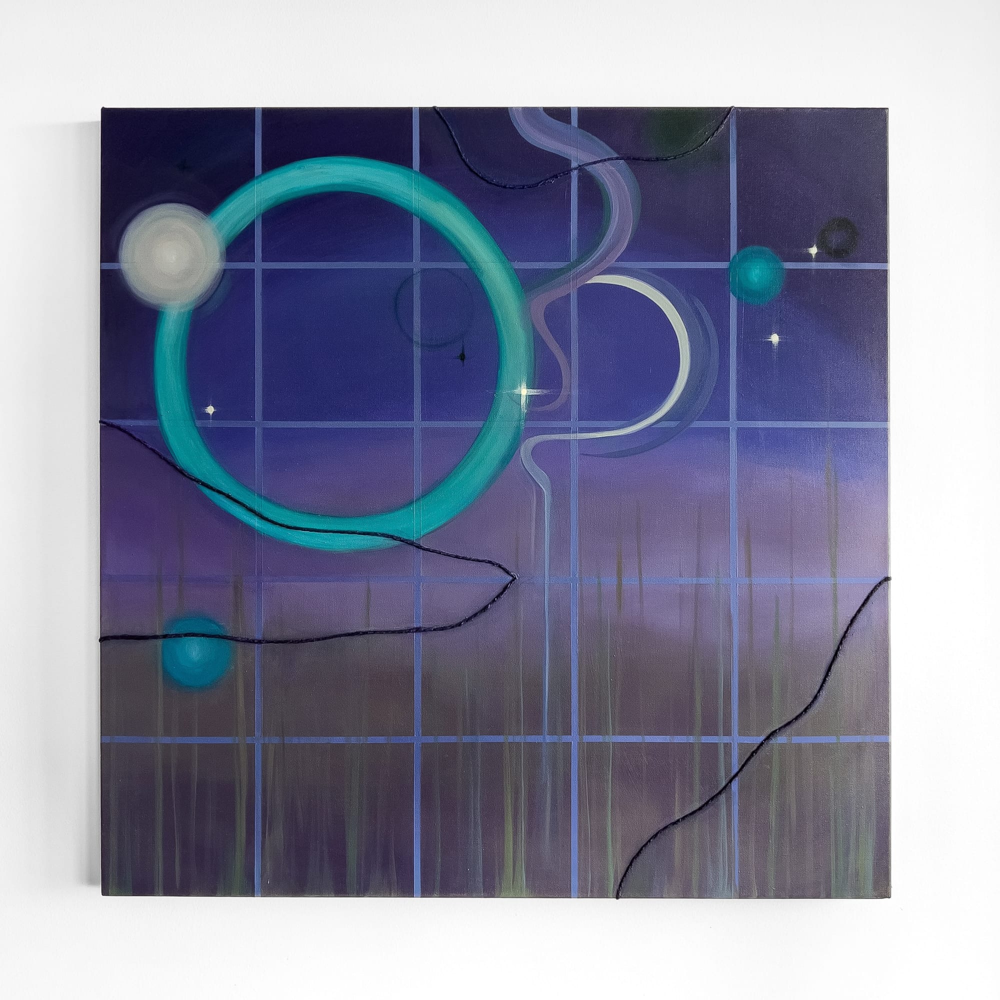 Deep indigo painting with a large teal ring encircling a glowing orb, faint grid lines, and dark stitched thread