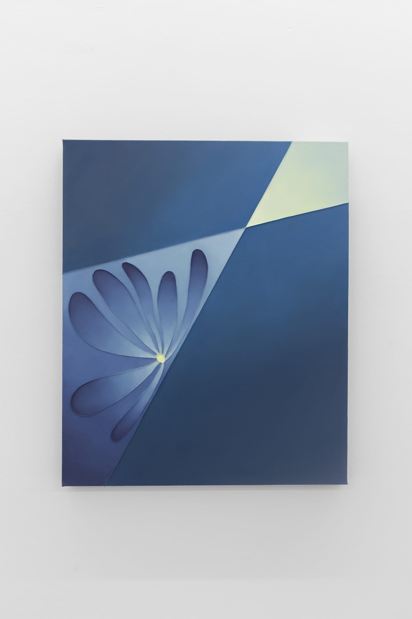 Navy blue painting with a pale mint corner and a blue flower burst