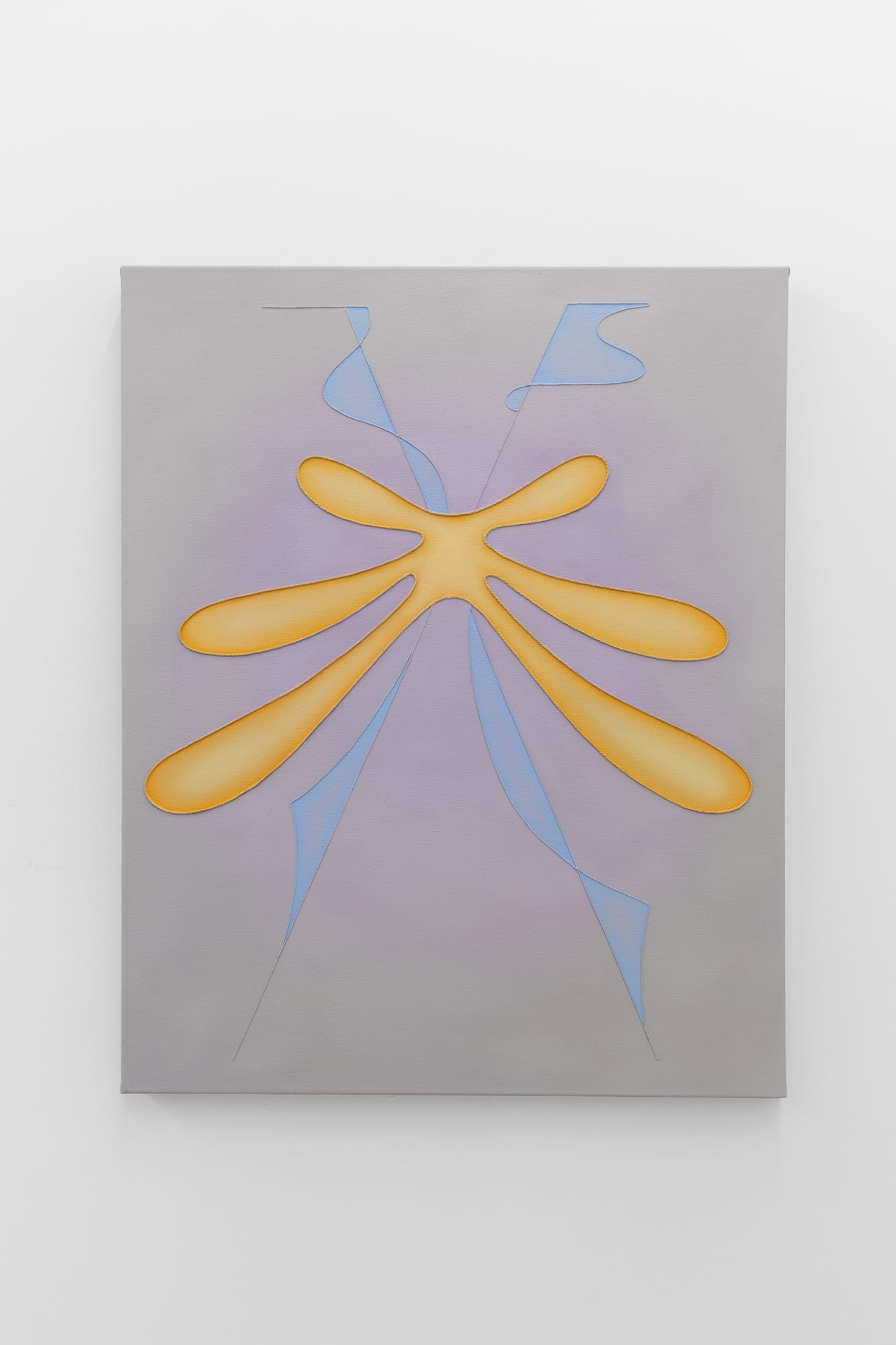 Grey and purple painting with a yellow dragonfly-like burst and pale blue ribbons