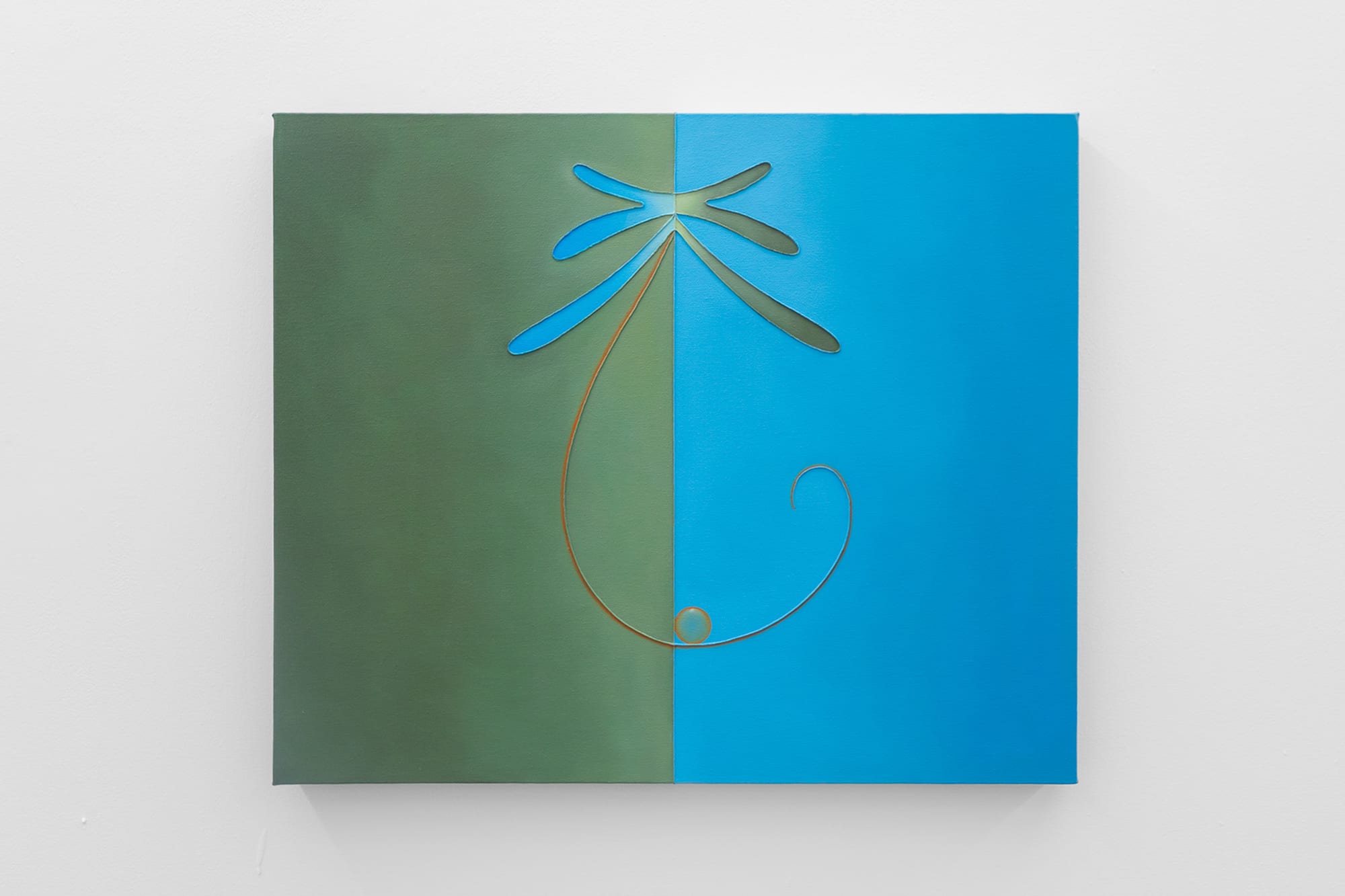 Painting split into sage green and sky blue fields with a copper dragonfly motif and a curling wire loop