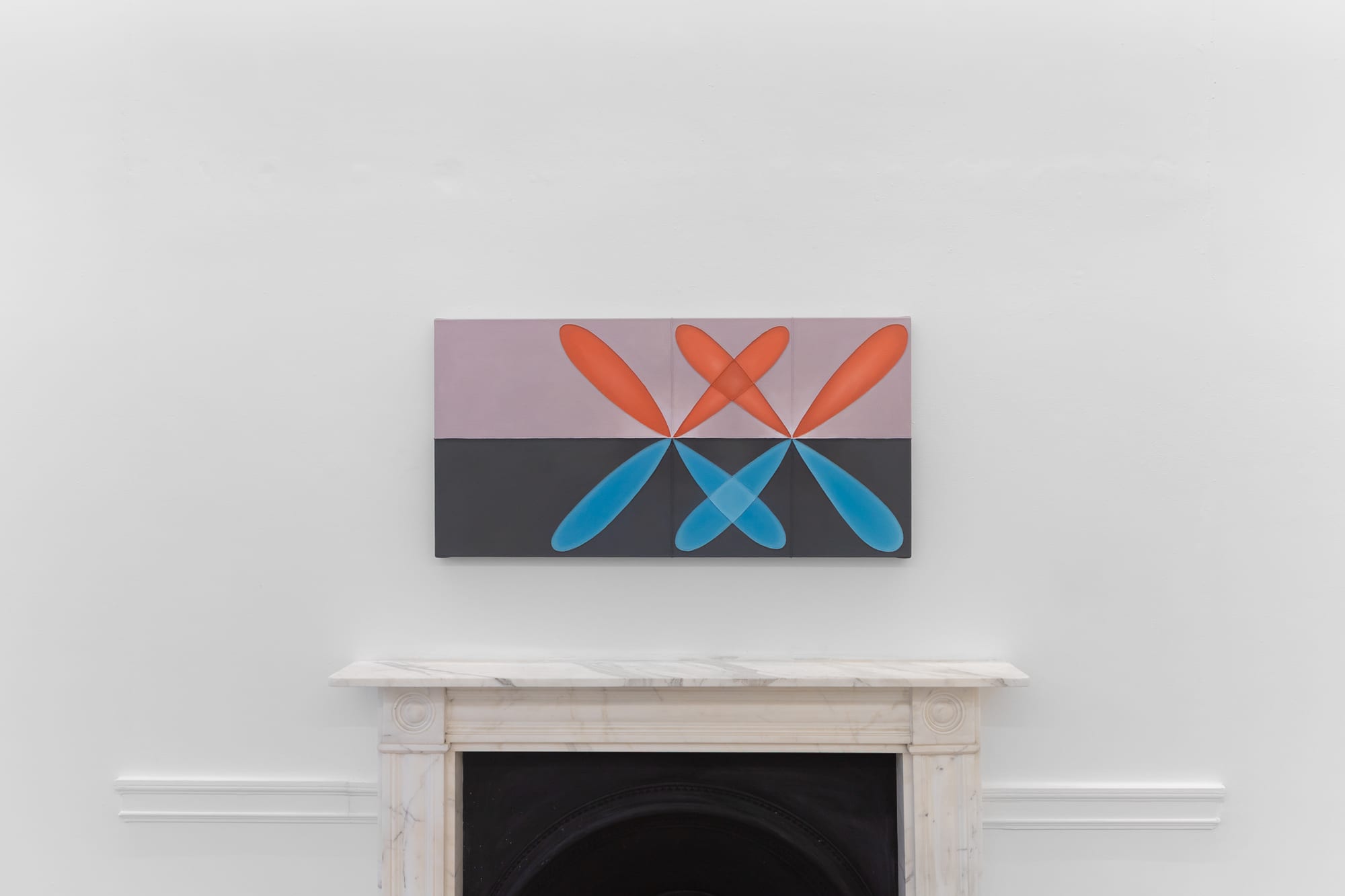 Two-panel painting with orange leaf shapes on lavender above blue leaf shapes on dark grey