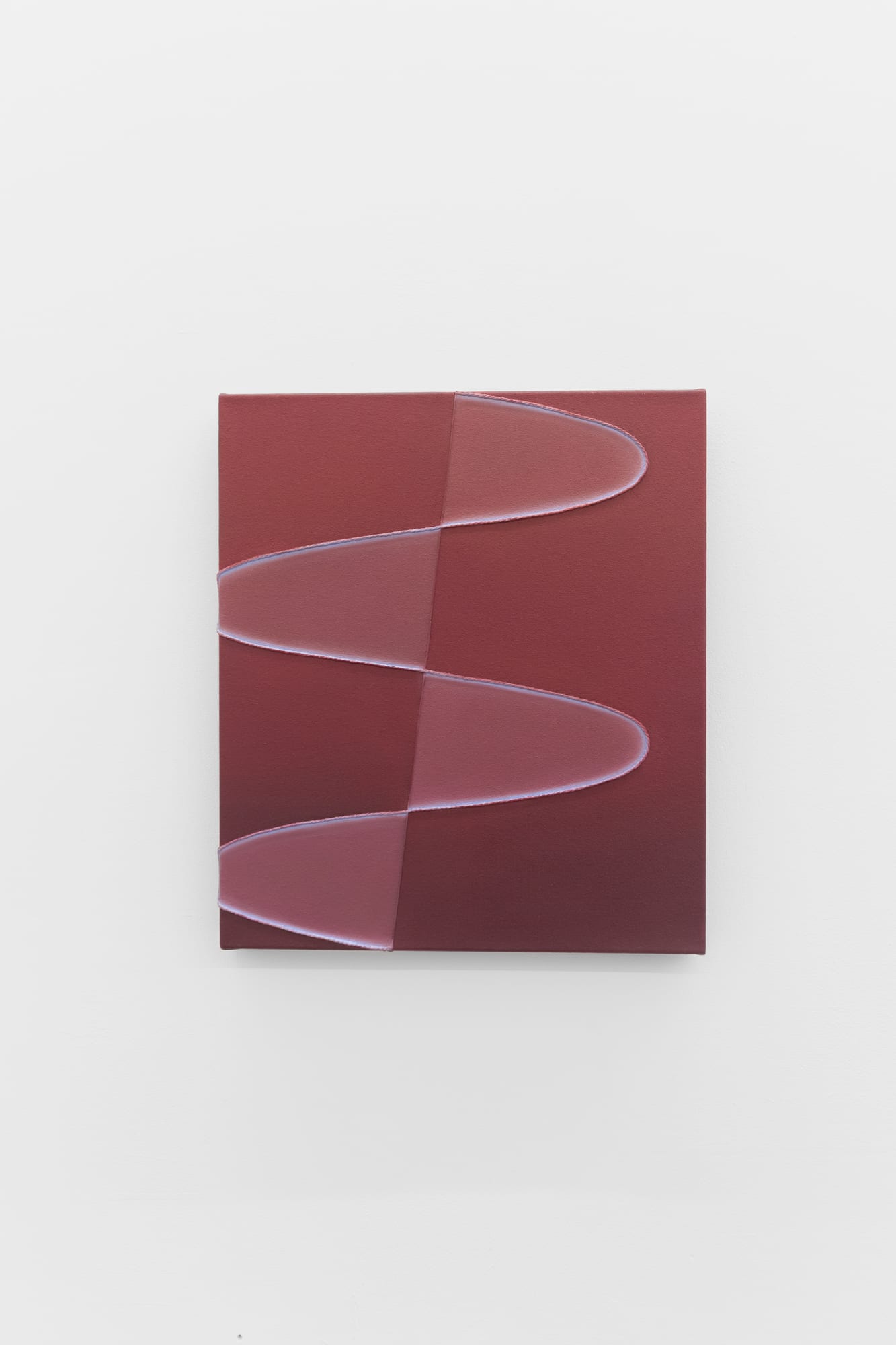 Deep maroon painting with a pale pink ribbon-like curved line