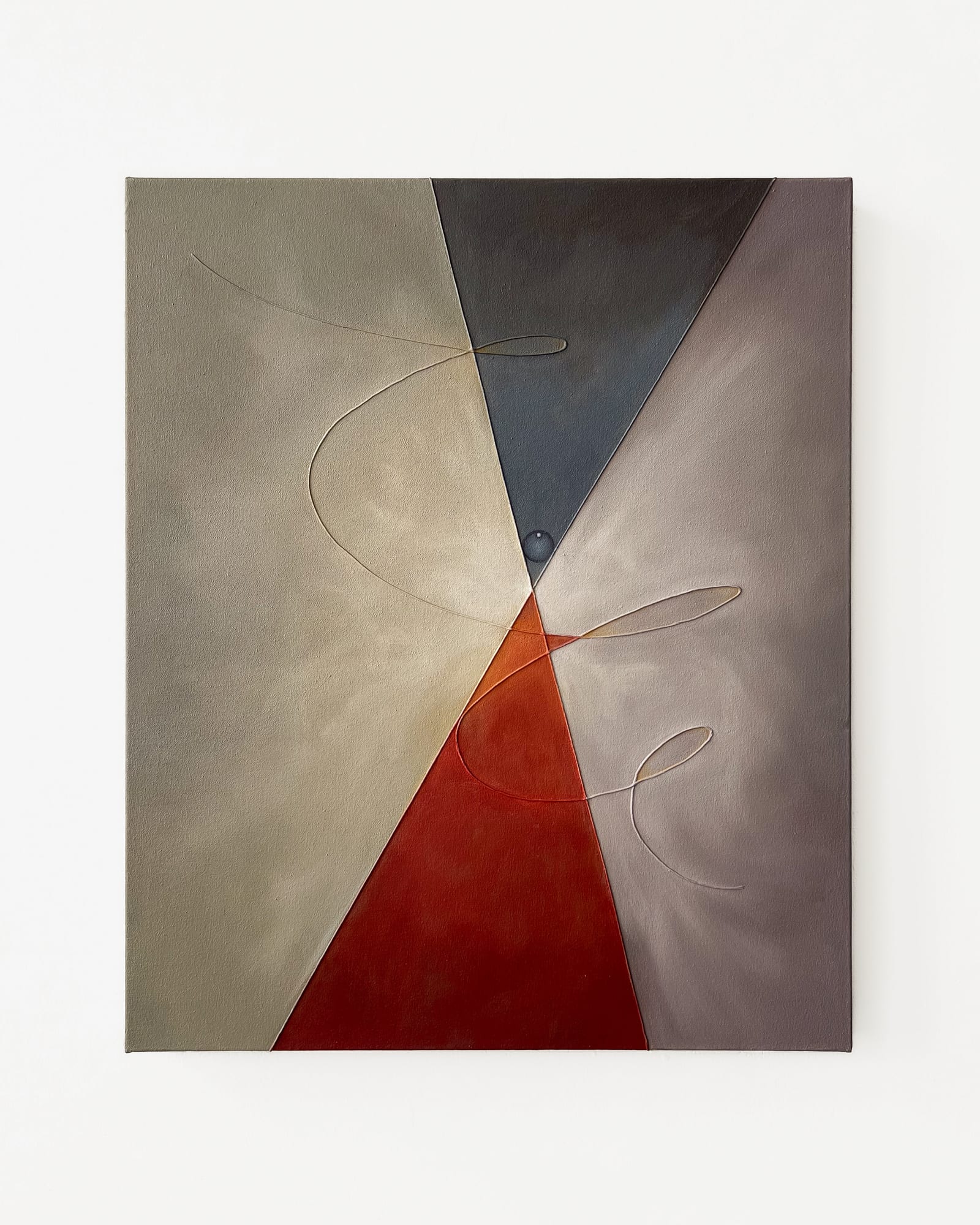 Grey, tan, and red geometric painting with looping incised lines