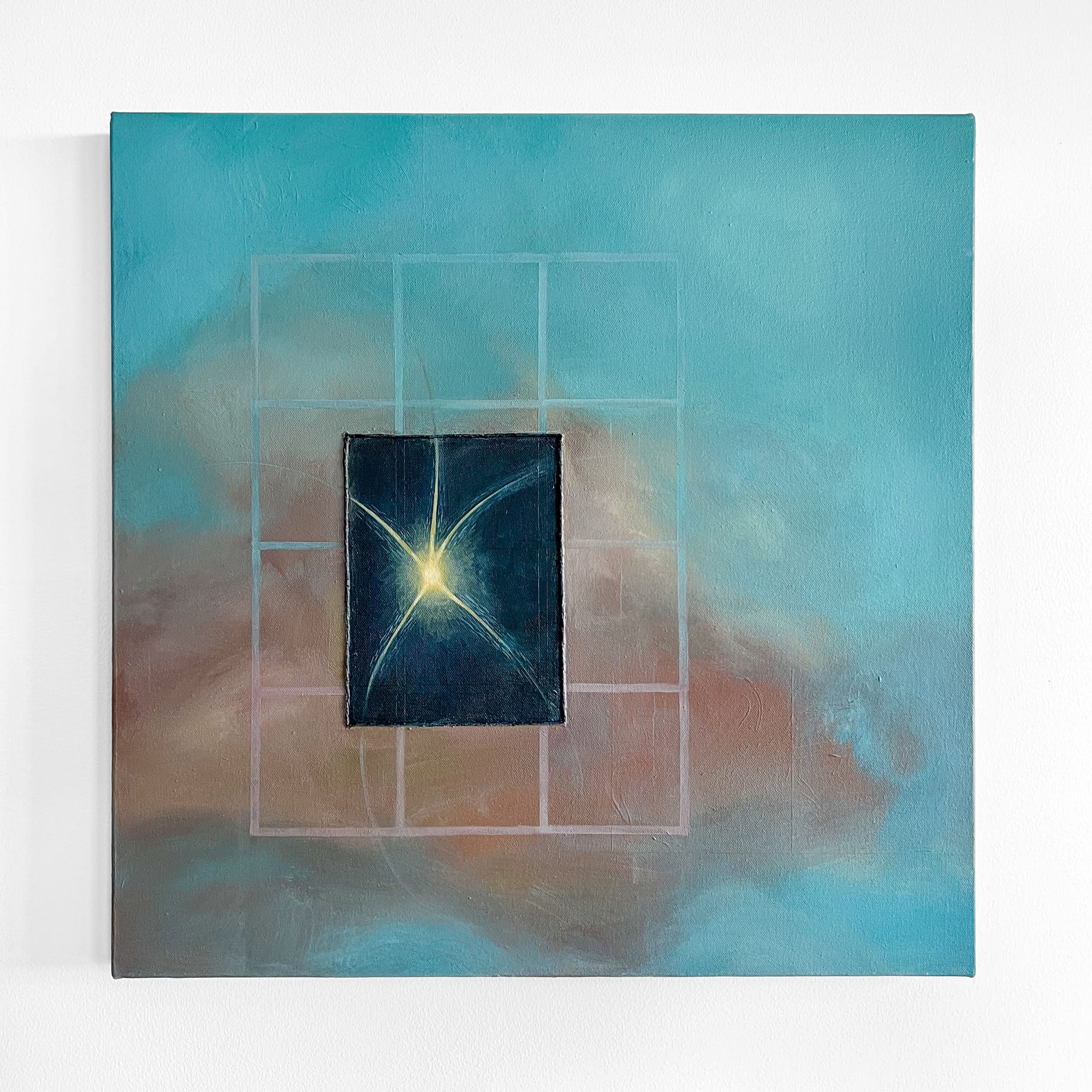 Teal painting fading into dusty pink clouds with a faint grid and a dark inset panel showing a glowing yellow starburst