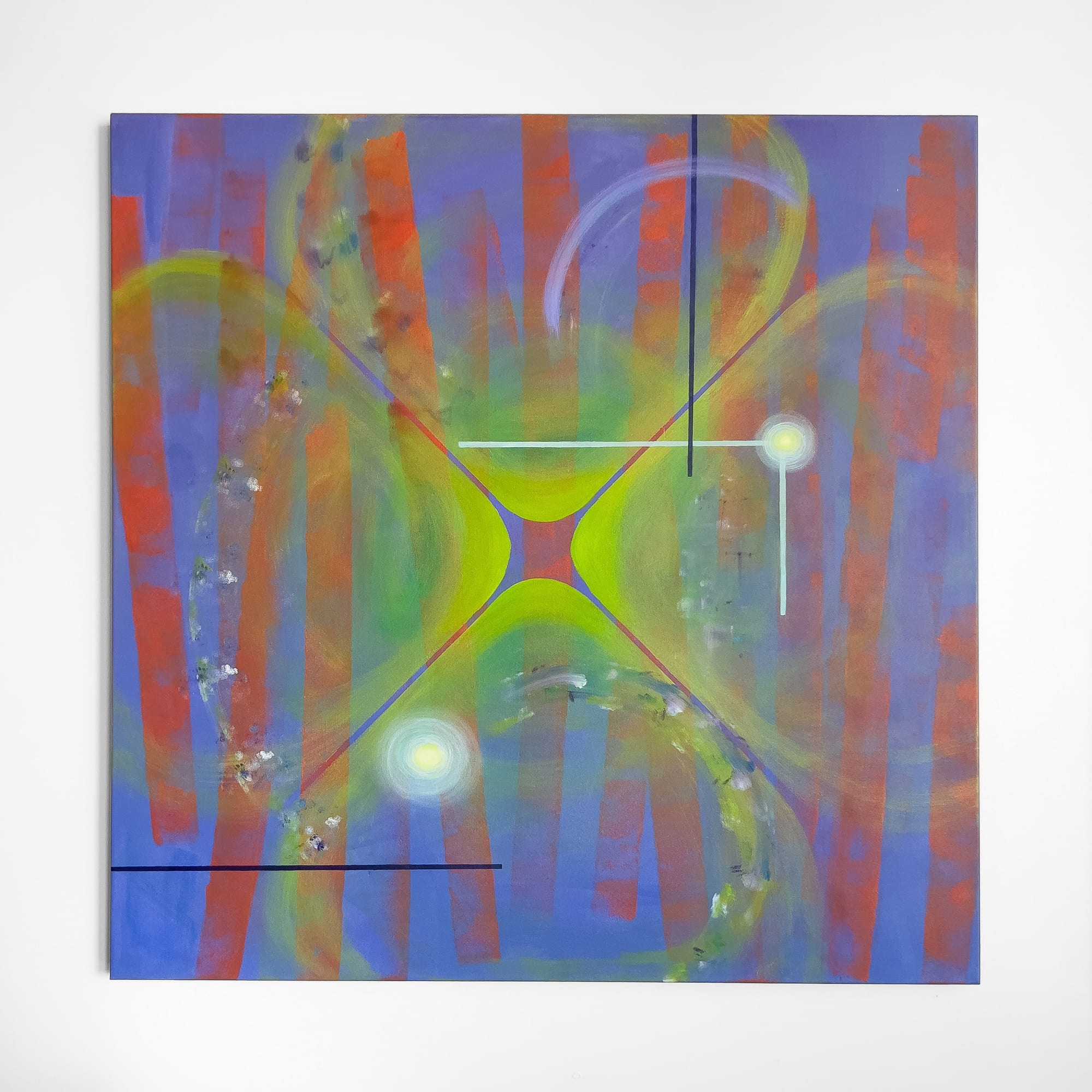 Abstract painting with vertical red and orange stripes over a blue field, a green X-form at center, and two glowing orbs