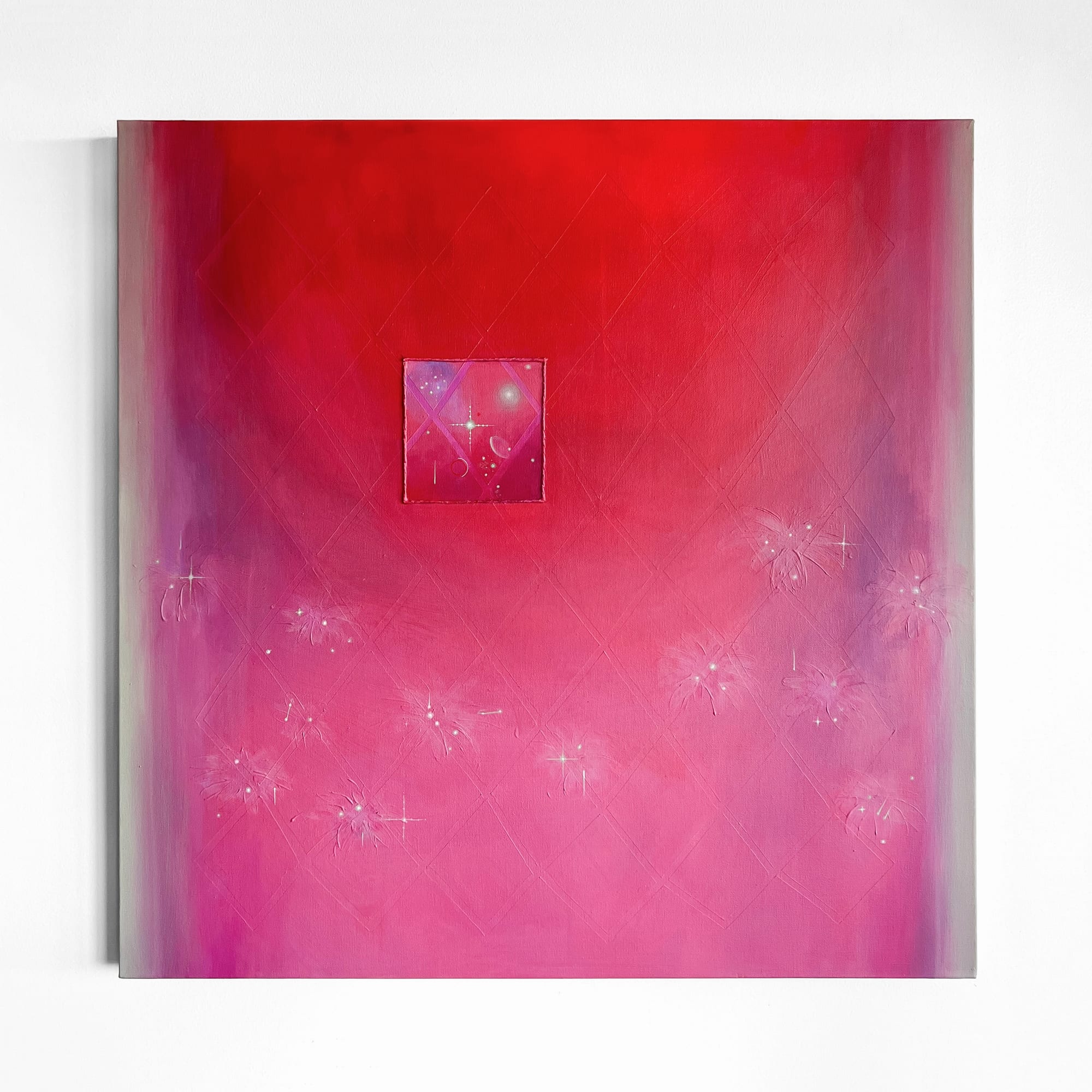 Red to pink gradient painting with a diamond lattice texture and a small inset panel of a starry magenta scene
